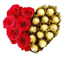 6 Red Roses and 16 pcs of Ferrero Rocher Heart Shaped arrangement 6 Red Roses and 16 pcs of Ferrero Rocher Heart Shaped arrangement